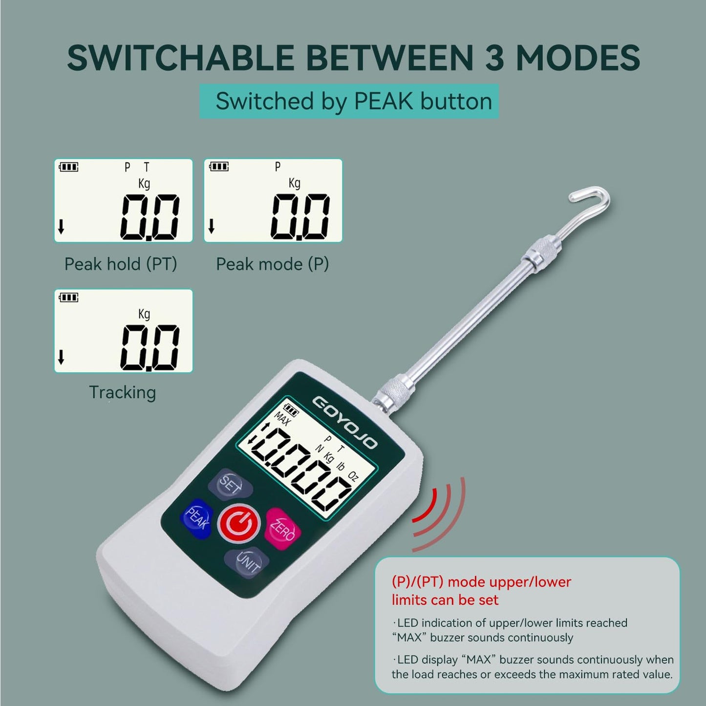 GOYOJO 500N Digital Force Gauge – High-Precision Push-Pull Meter for Tension & Compression Testing, 4 Measurement Units (N, kg, lb, oz) with Peak/Real-Time Modes for Quality Control & Industrial Testing.