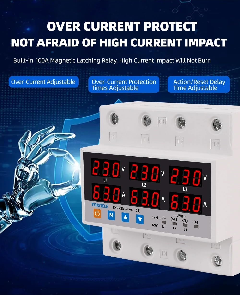 HIVAGI® 100A 3-Phase Voltage & Current Protector | SYNC/ASYNC Modes | Surge, Overload, Phase Loss Protection | Adjustable Over/Under Voltage & Overcurrent.