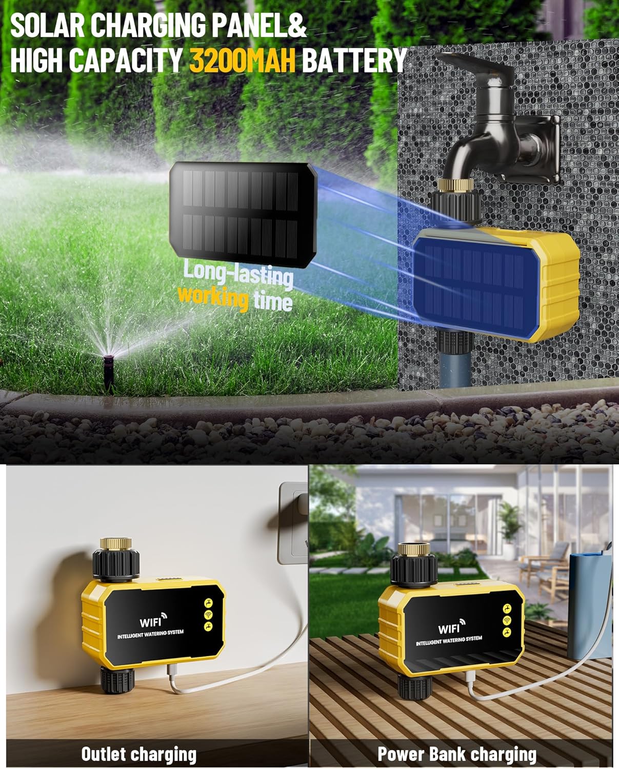 HIVAGI® Smart WiFi Water Timer – Solar + USB-C Powered, Brass Inlet, Alexa/Google Compatible.