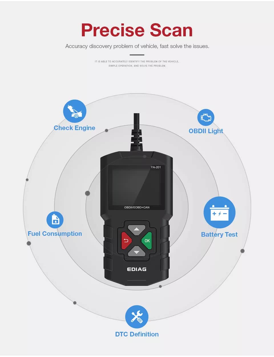 EDIAG KINGBOLEN YA201 OBD2 Scanner - Full Diagnostic Tool with Battery Test & Free Lifetime Updates.