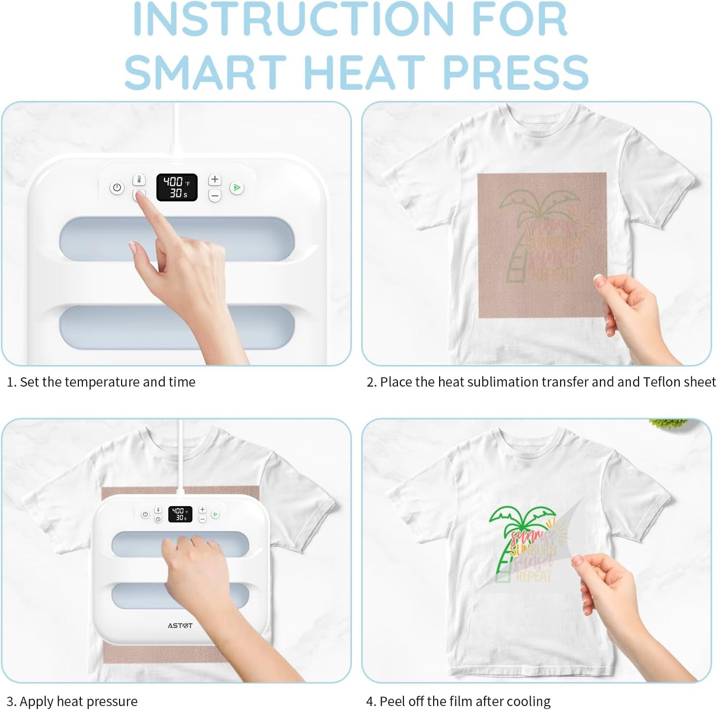 AST&T 12" x 10" Portable Heat Press Machine – Easy DIY T-Shirt, Pillow, Tote Bag & Fabric Printing Press with Auto Shut-Off, Fast Heating & Safe Anti-Overheating Design (White)