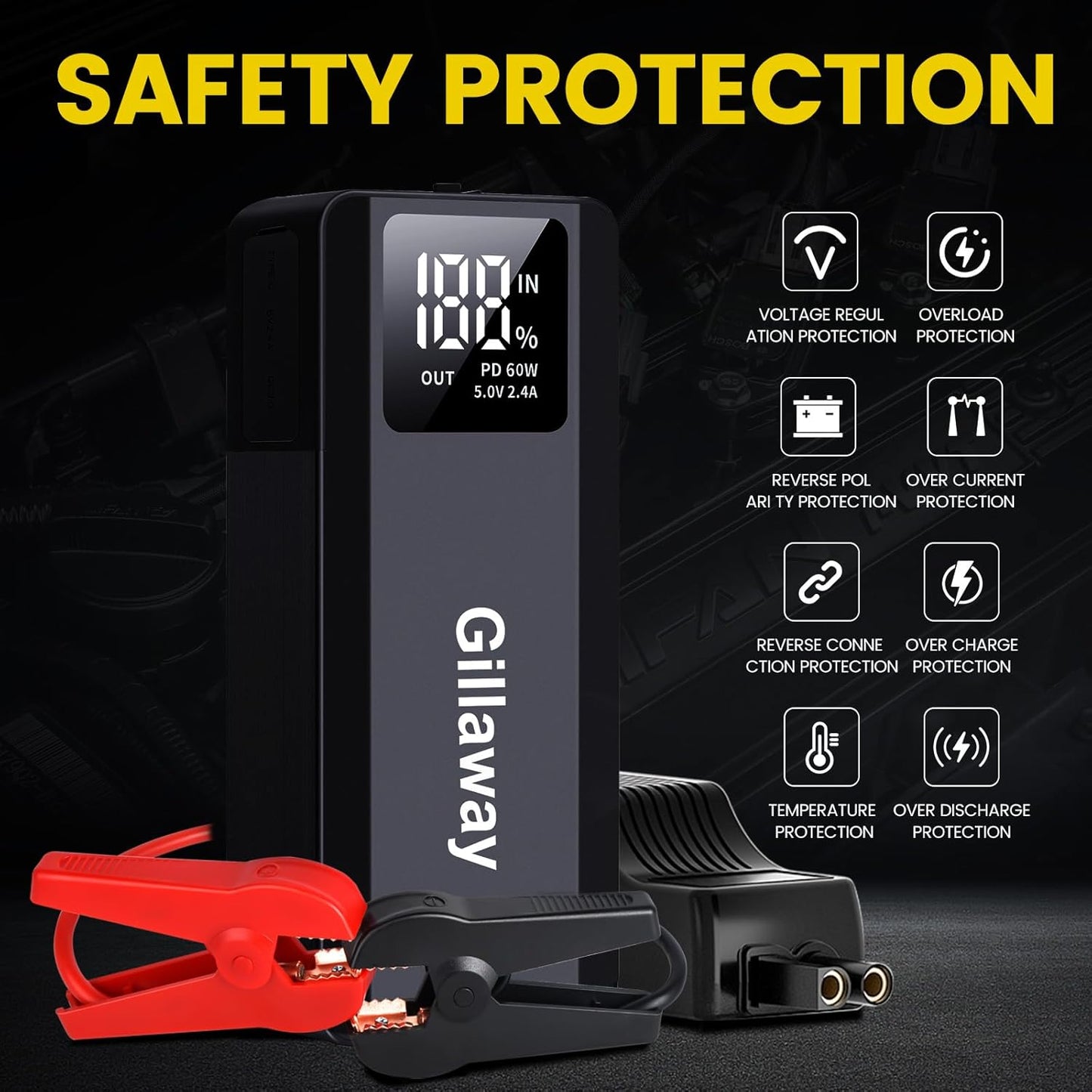 Gillaway 017 6000A Car Battery Jump Starter: Powerful, Reliable & Easy-to-Use for All Petrol and Up to 12L Diesel Engines.