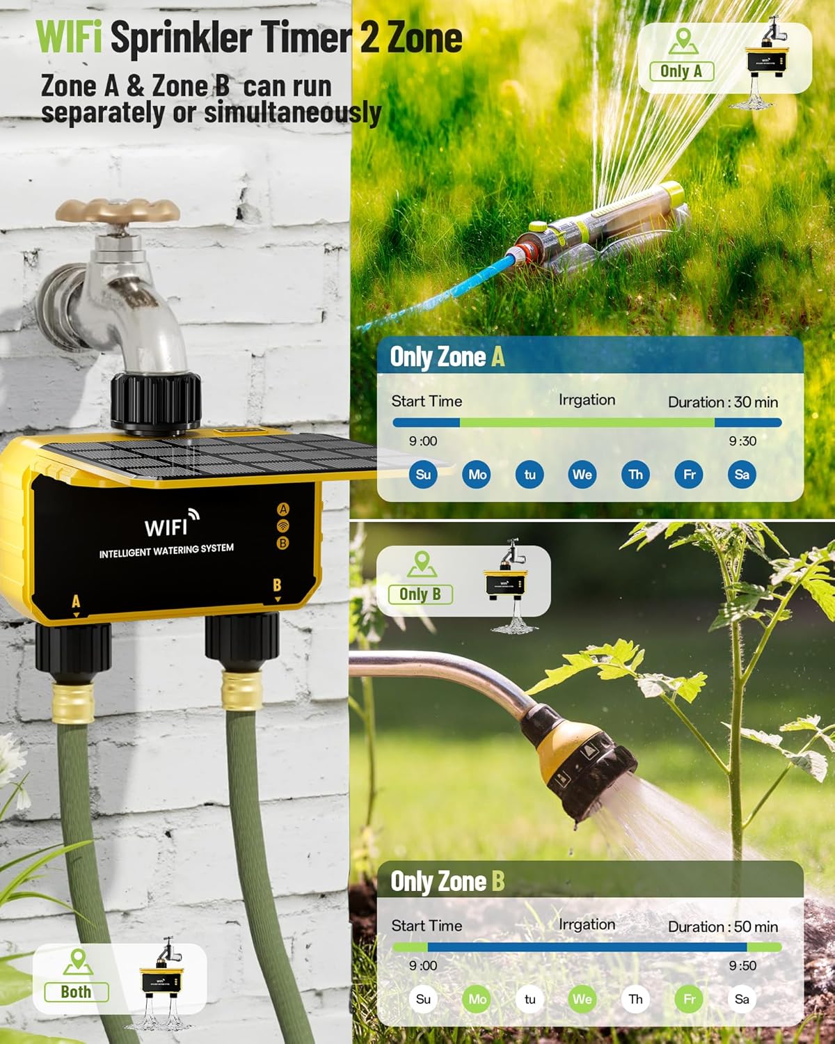 Solar Powered Smart WiFi Water Timer 2 Zone | HIVAGI® Irrigation Controller for Garden.