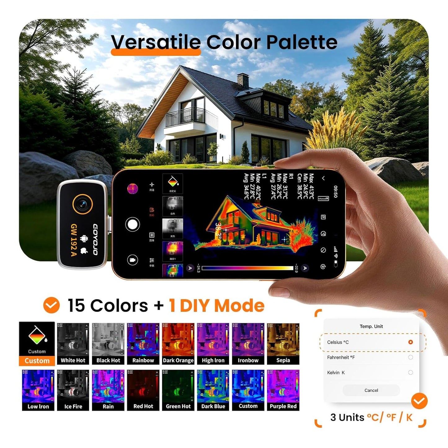 GOYOJO GW192A Thermal Imaging Camera for iPhone 15/16/17 & Android – 192x192 IR Resolution, Water Leak Detection HVAC Electrical Plumbing, Automotive Repair, Home Inspection, DIY-USB-C Infrared Imager.