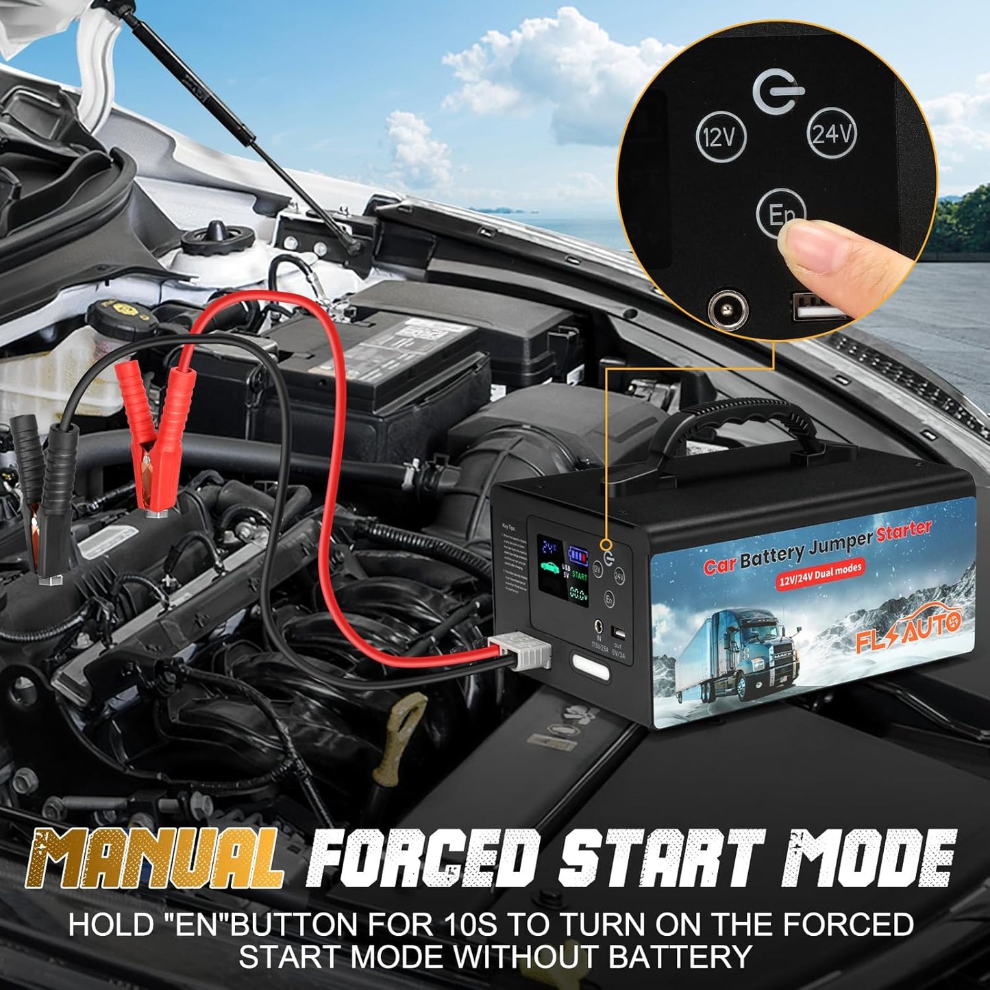 FlyAuto 10000A Heavy Duty Jump Starter – 24V/12V Lithium Battery Booster (60000mAh) for All Gas/Diesel Engines, Trucks, & Buses.