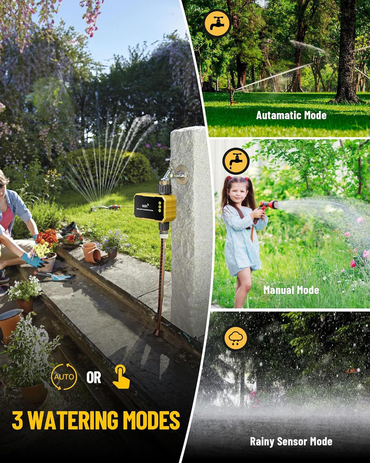 HIVAGI® Smart WiFi Water Timer – Solar + USB-C Powered, Brass Inlet, Alexa/Google Compatible.