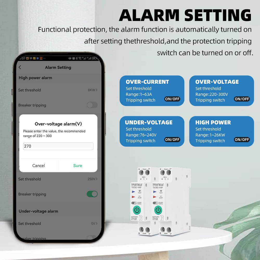 TAXNELE Tuya WiFi Smart Circuit Breaker 1-63A Adjustable | 230V DIN Rail Smart Energy Meter & Power Monitor with Over/Under Voltage Protection | Works with Smart Life, Alexa & Google Home