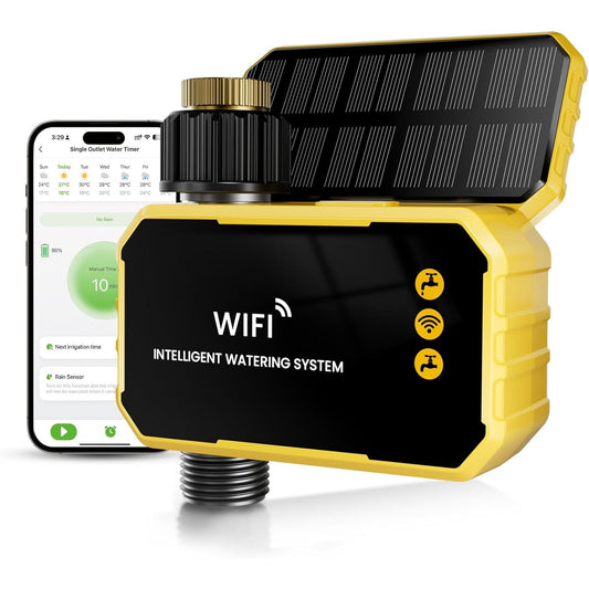 HIVAGI® Smart WiFi Water Timer – Solar + USB-C Powered, Brass Inlet, Alexa/Google Compatible.