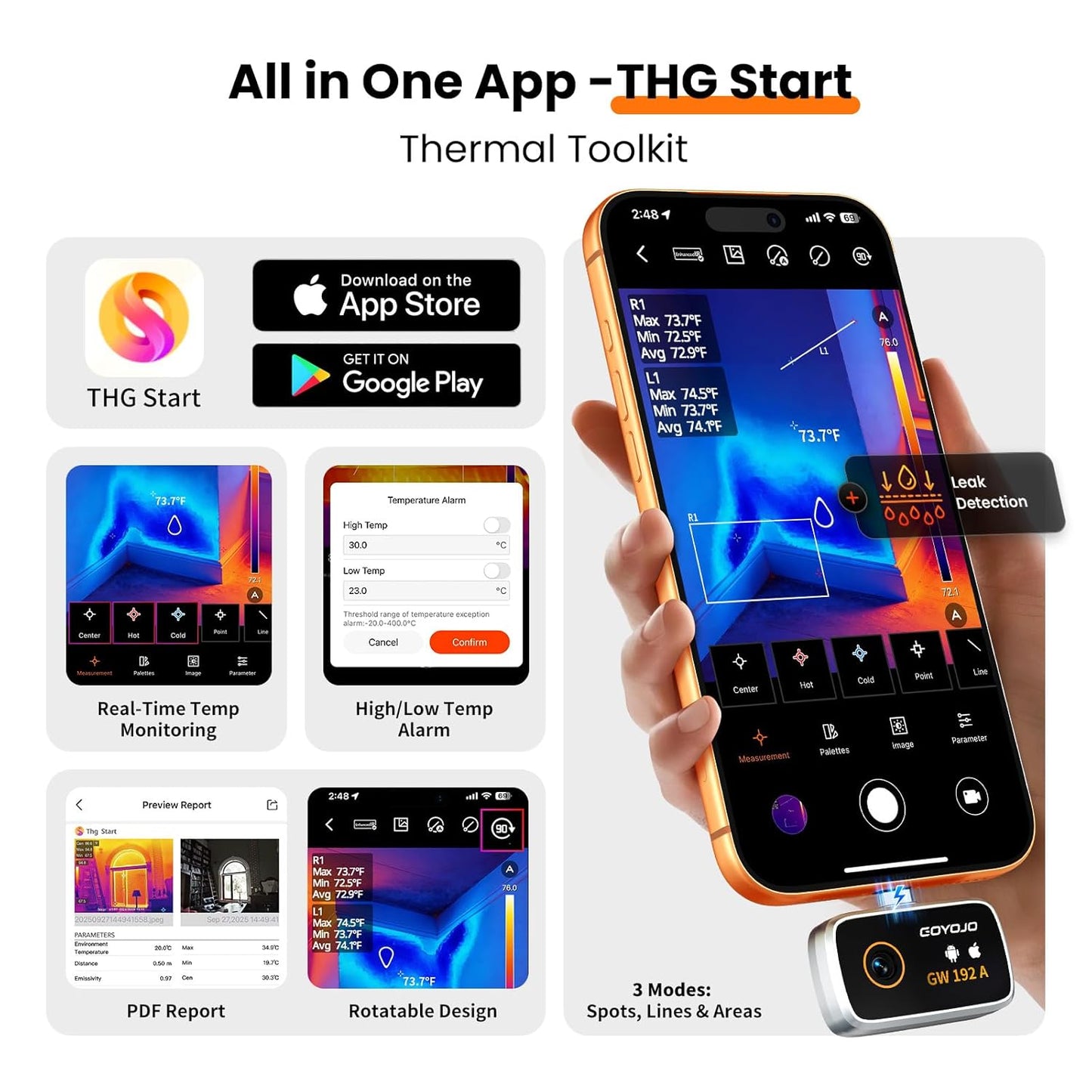 GOYOJO GW192A Thermal Imaging Camera for iPhone 15/16/17 & Android – 192x192 IR Resolution, Water Leak Detection HVAC Electrical Plumbing, Automotive Repair, Home Inspection, DIY-USB-C Infrared Imager.