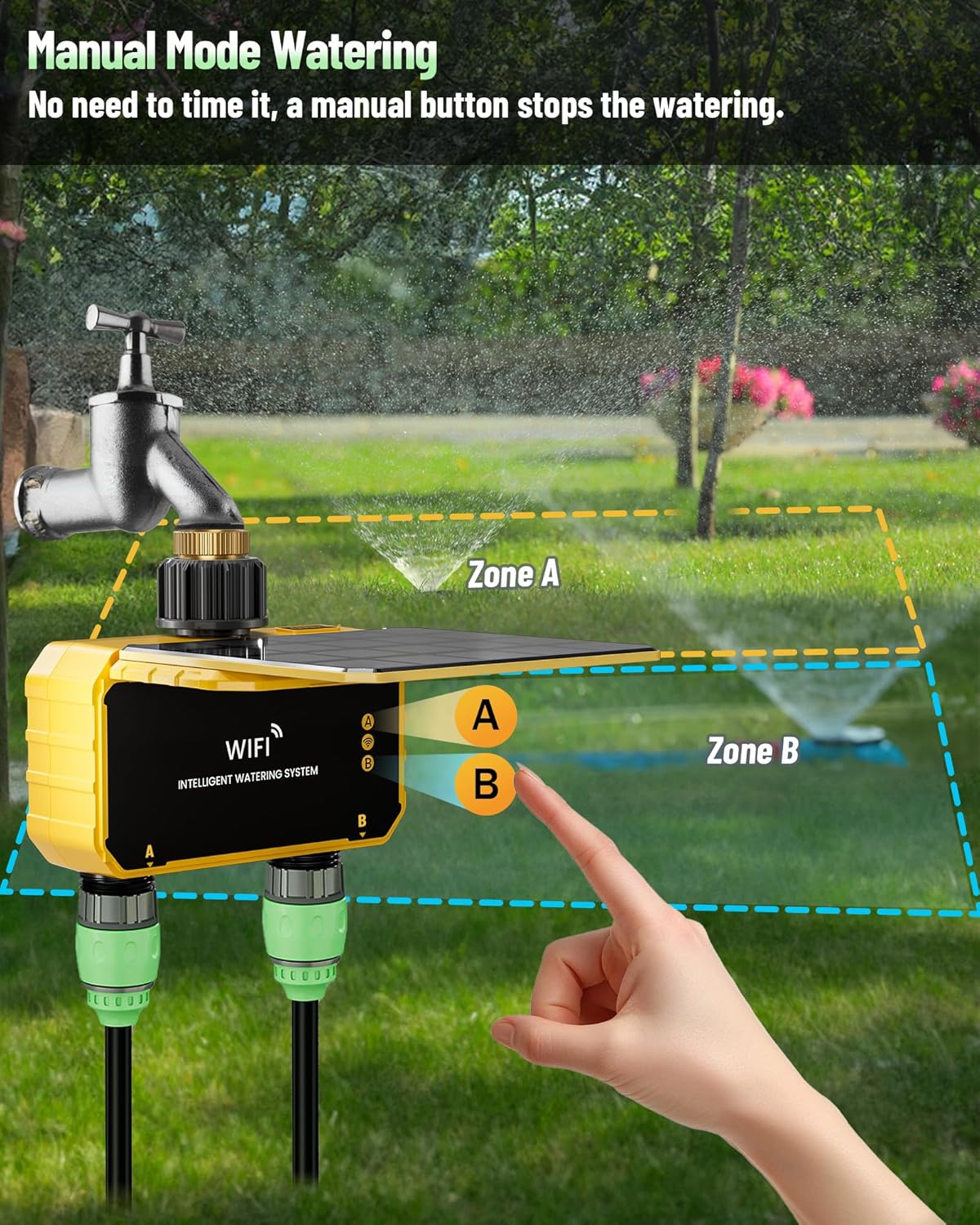 Solar Powered Smart WiFi Water Timer 2 Zone | HIVAGI® Irrigation Controller for Garden.