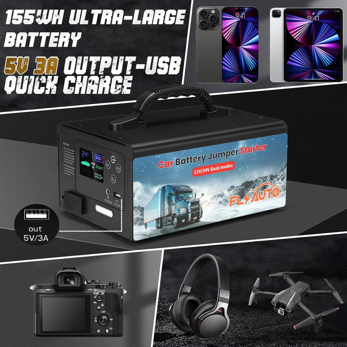 FlyAuto 10000A Heavy Duty Jump Starter – 24V/12V Lithium Battery Booster (60000mAh) for All Gas/Diesel Engines, Trucks, & Buses.