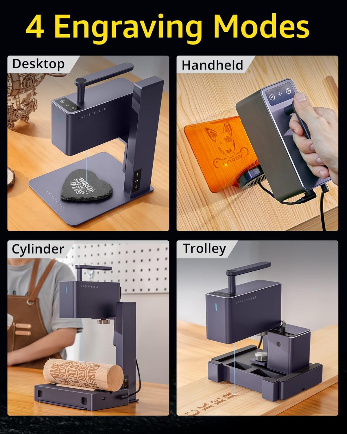 LaserPecker LP2 Laser Engraver – Ultra-Fast Handheld Engraving Machine with 360° Rotary Axis, Galvo Tech, 0.05mm Precision for Wood, Leather, Metal.