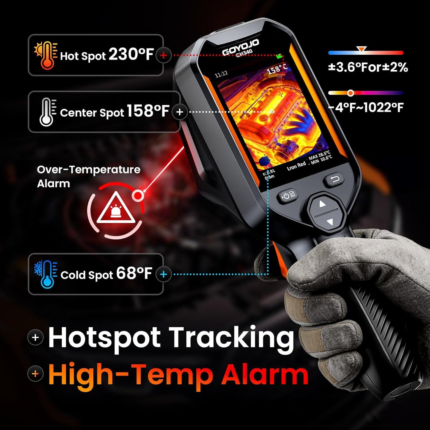 GOYOJO GH340 Thermal Imaging Camera: 640x480 Super Resolution Handheld IR Imager with 2MP Visual Camera, 25Hz Refresh Rate, -4°F to 1022°F | Professional Infrared Camera for Home Inspection, HVAC, & Electrical Leak Detection