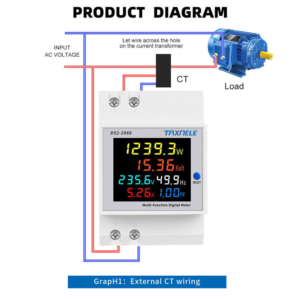 HIVAGI® Single Phase Energy Meter 100A 6-in-1 Power Monitor with LCD Display – AC 40-300V Voltage Current Frequency Active Power Consumption Meter for Home & Industrial Use