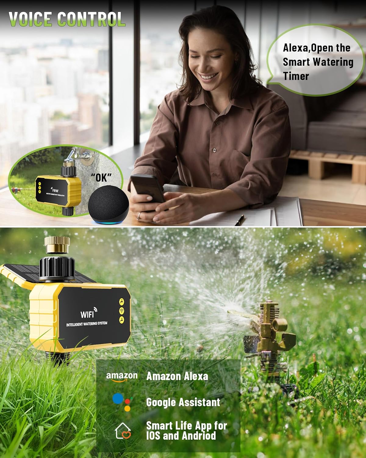 HIVAGI® Smart WiFi Water Timer – Solar + USB-C Powered, Brass Inlet, Alexa/Google Compatible.
