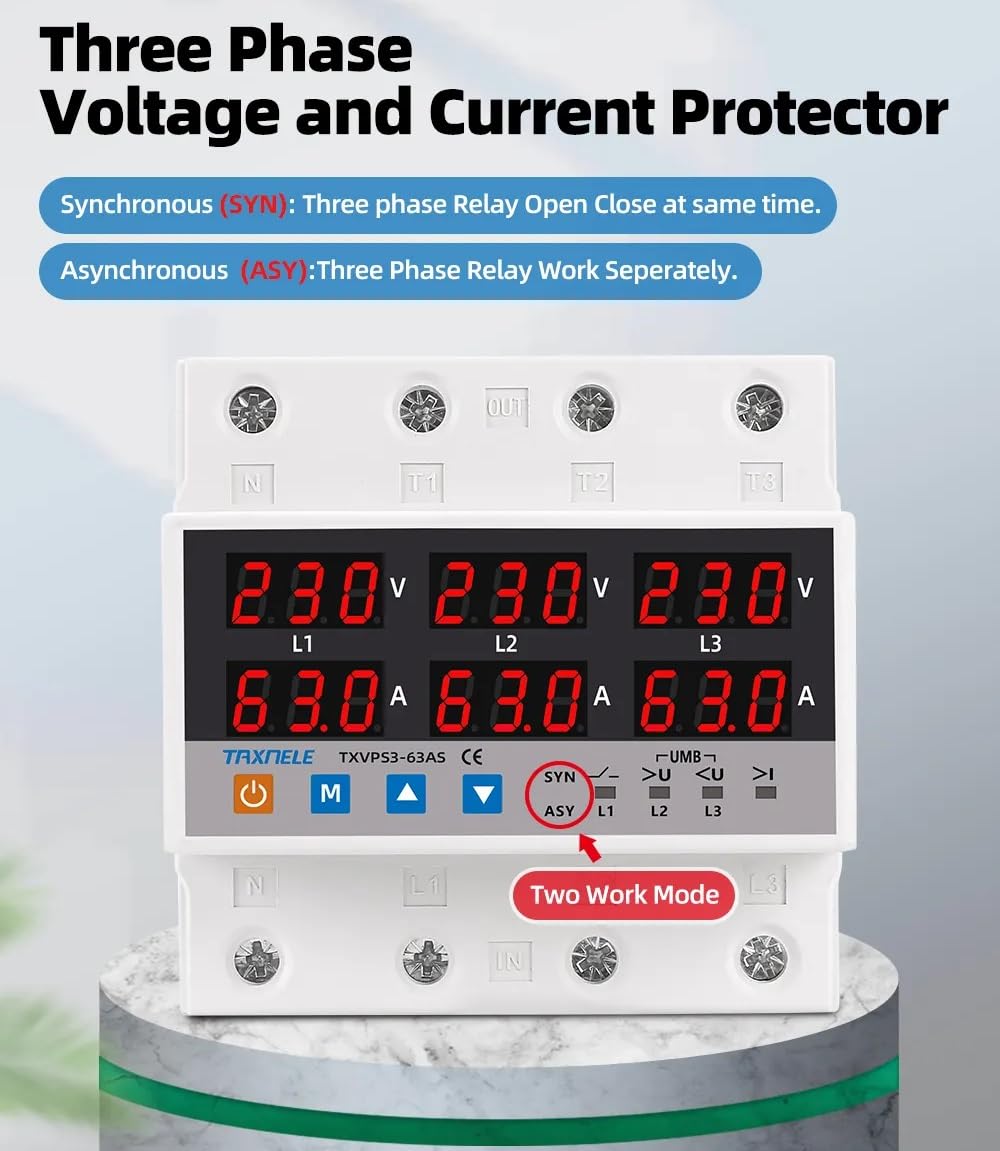 HIVAGI® 100A 3-Phase Voltage & Current Protector | SYNC/ASYNC Modes | Surge, Overload, Phase Loss Protection | Adjustable Over/Under Voltage & Overcurrent.