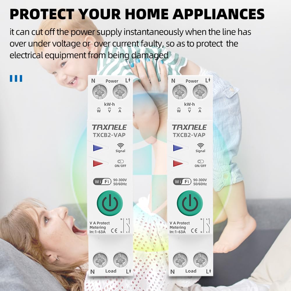 TAXNELE Tuya WiFi Smart Circuit Breaker 1-63A Adjustable | 230V DIN Rail Smart Energy Meter & Power Monitor with Over/Under Voltage Protection | Works with Smart Life, Alexa & Google Home