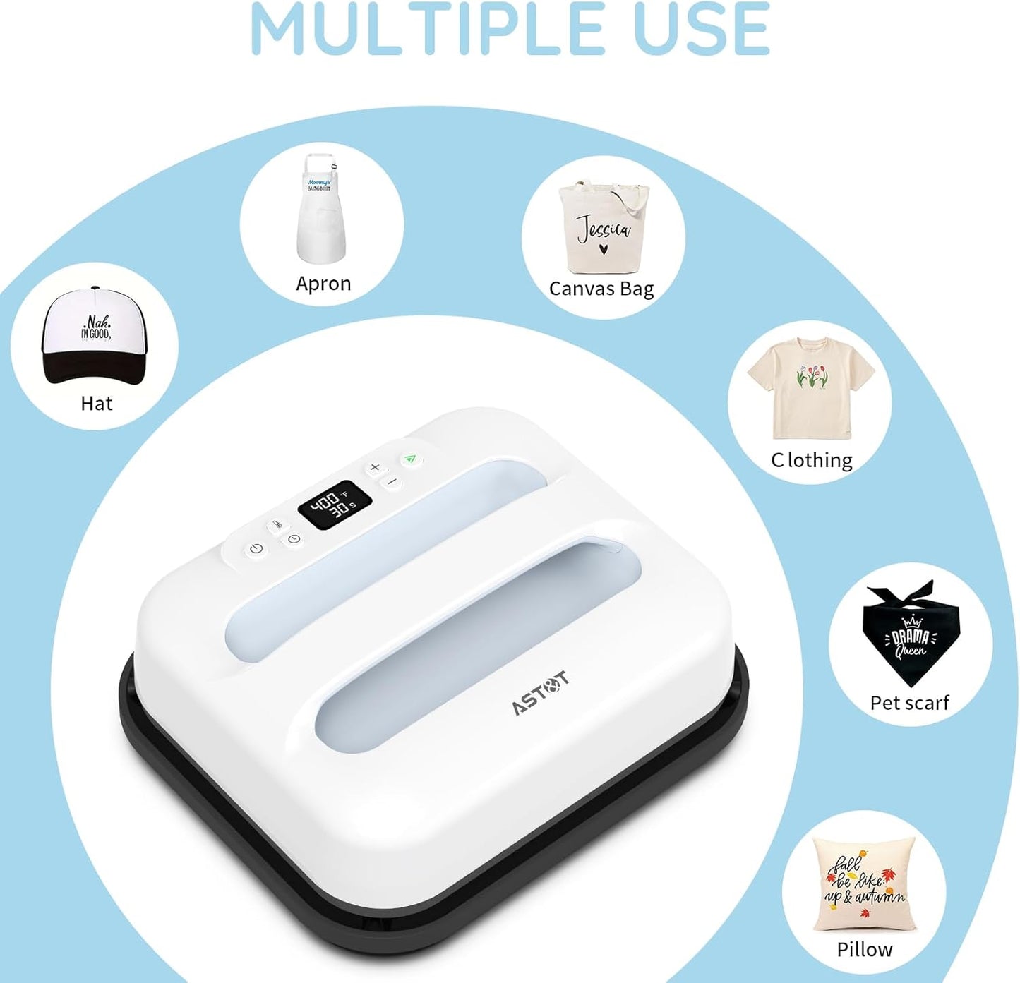 AST&T 12" x 10" Portable Heat Press Machine – Easy DIY T-Shirt, Pillow, Tote Bag & Fabric Printing Press with Auto Shut-Off, Fast Heating & Safe Anti-Overheating Design (White)