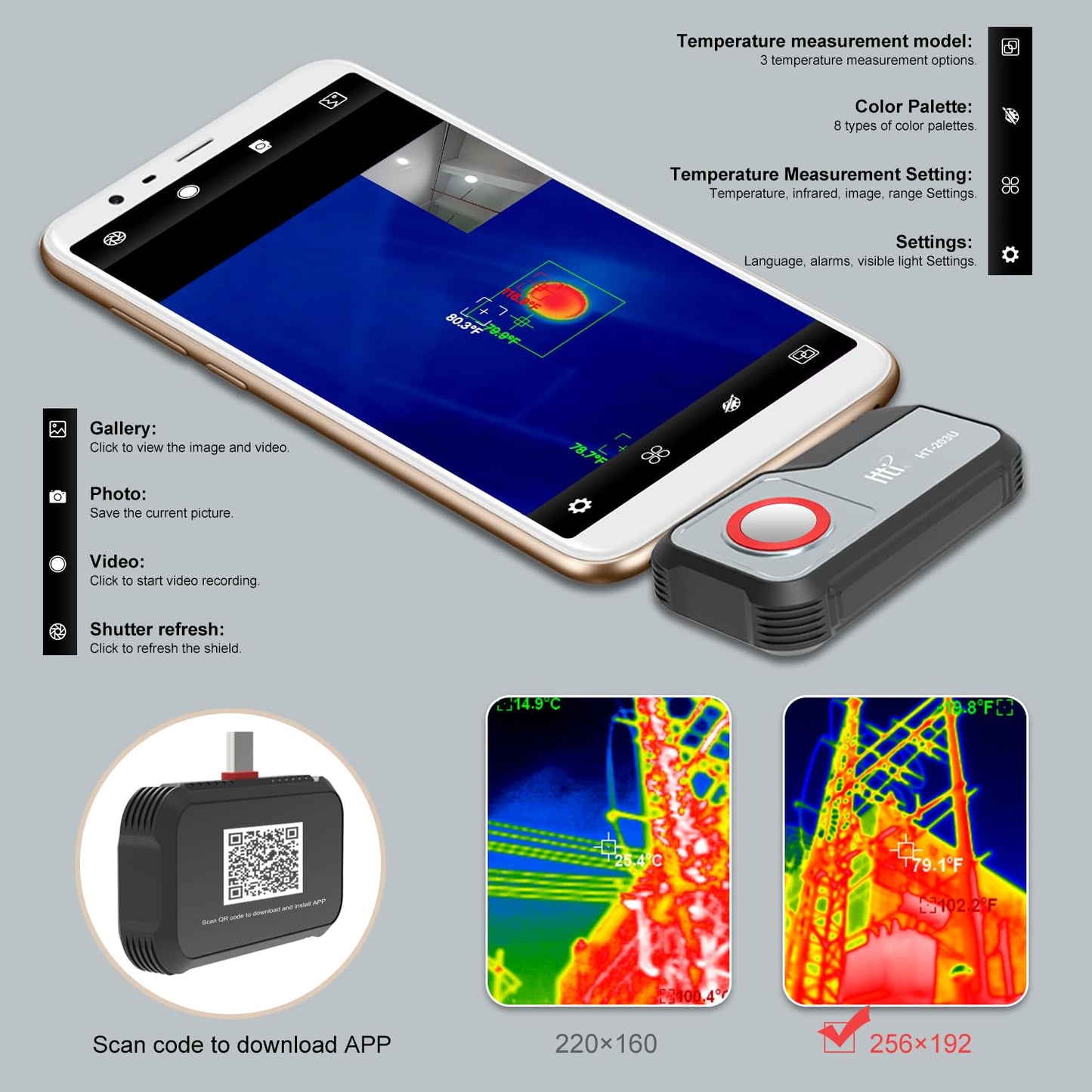 Hti HT-203U Thermal Camera for Android | 256x192 IR Resolution (512x384 Super Res) | 50Hz High Frame Rate Professional Infrared Imager for HVAC, Electrical & Building Inspection