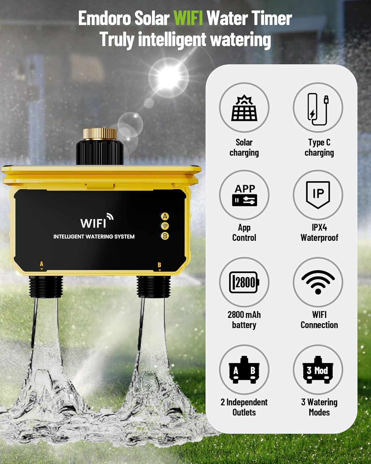 Solar Powered Smart WiFi Water Timer 2 Zone | HIVAGI® Irrigation Controller for Garden.