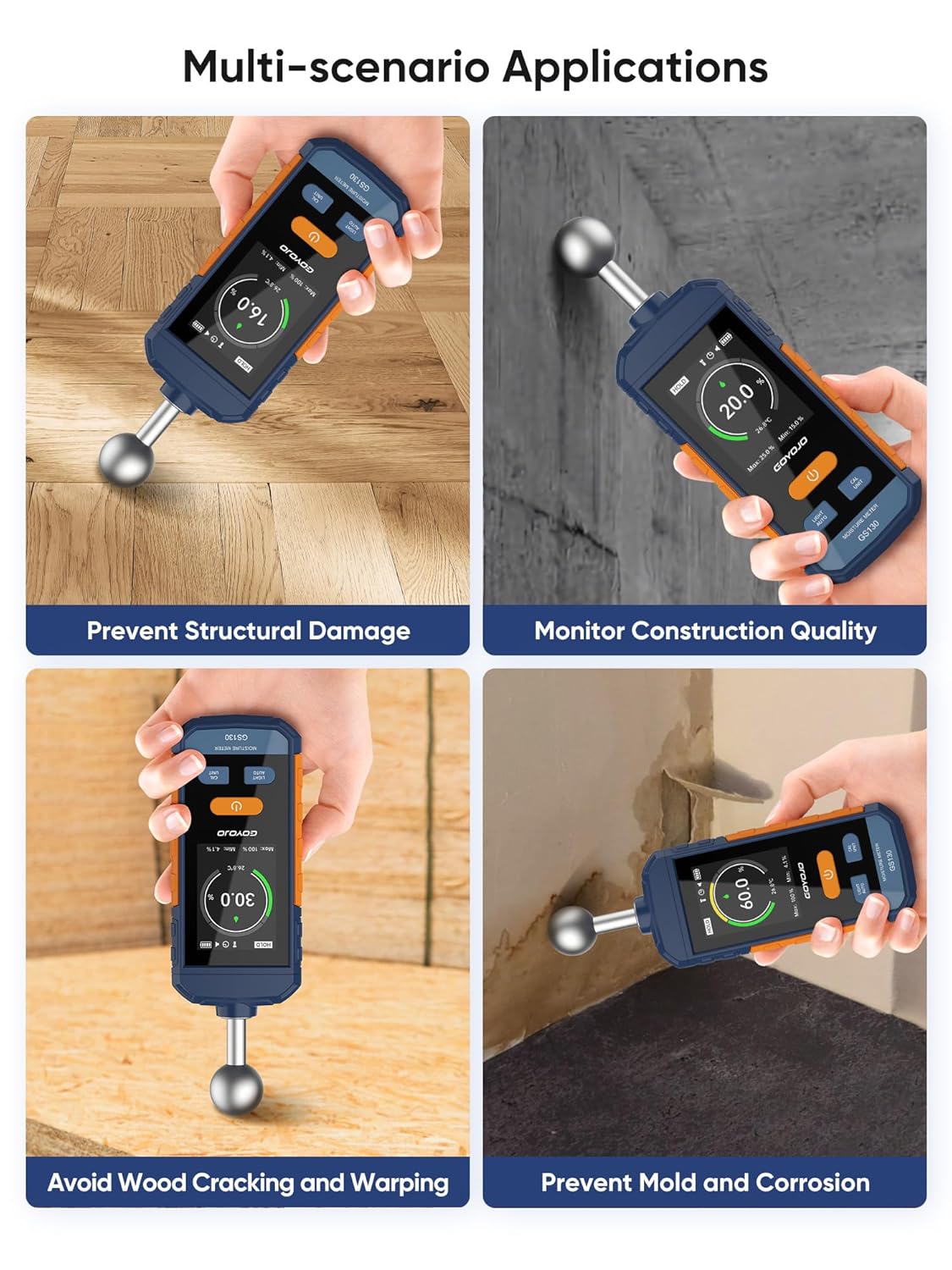 GOYOJO GS130 Pinless Moisture Meter for Wood, Drywall & Concrete | Non-Invasive Digital Water Leak Detector | USB-C Rechargeable Humidity Tester with Flashlight & LCD Display