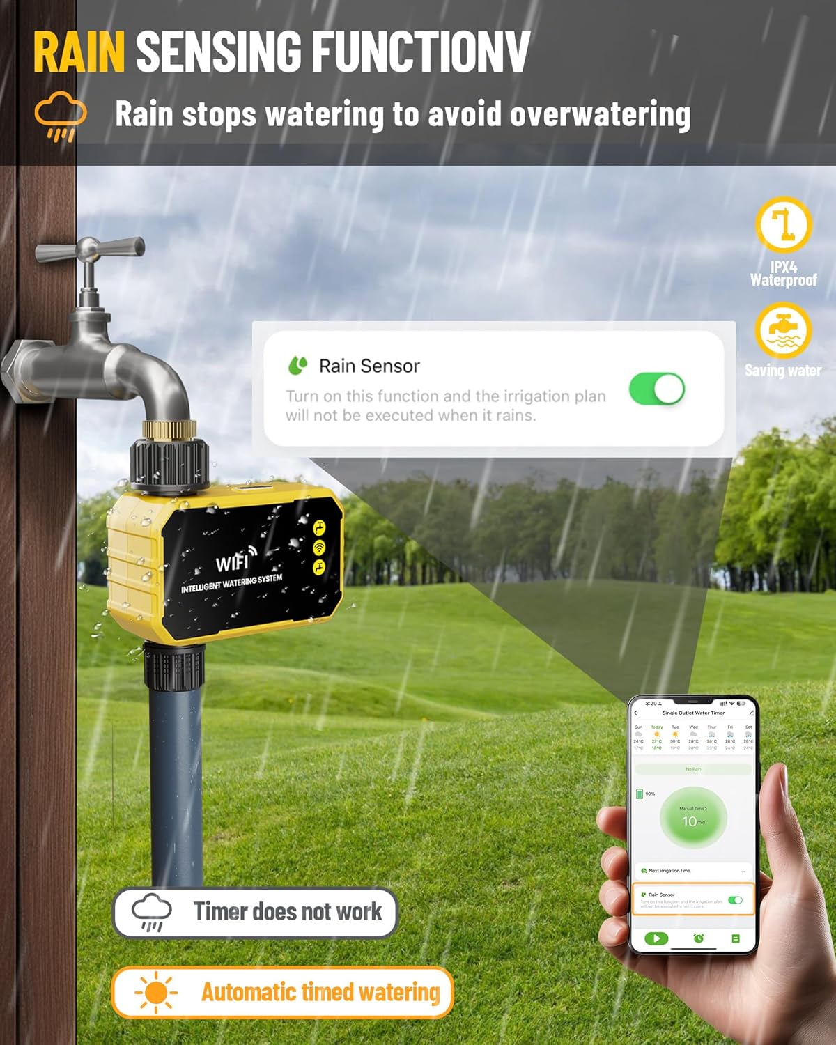 HIVAGI® Smart WiFi Water Timer – Solar + USB-C Powered, Brass Inlet, Alexa/Google Compatible.