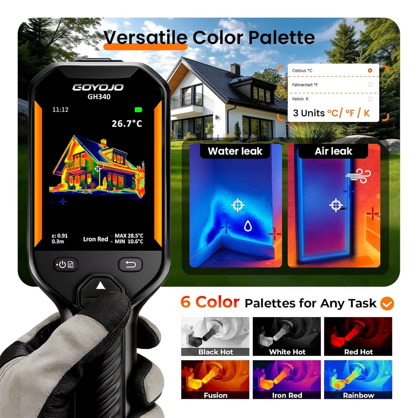 GOYOJO GH340 Thermal Imaging Camera: 640x480 Super Resolution Handheld IR Imager with 2MP Visual Camera, 25Hz Refresh Rate, -4°F to 1022°F | Professional Infrared Camera for Home Inspection, HVAC, & Electrical Leak Detection