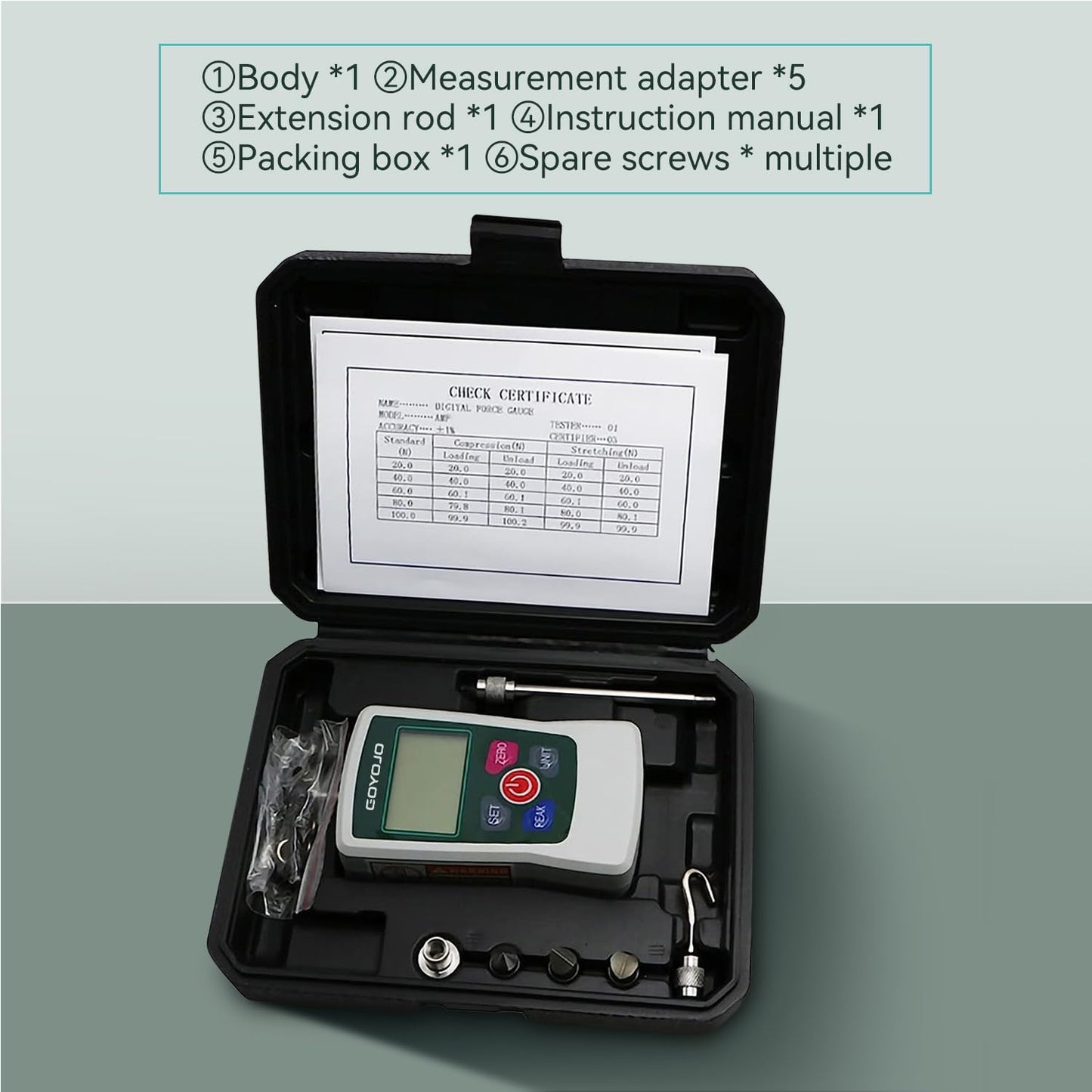 GOYOJO 500N Digital Force Gauge – High-Precision Push-Pull Meter for Tension & Compression Testing, 4 Measurement Units (N, kg, lb, oz) with Peak/Real-Time Modes for Quality Control & Industrial Testing.
