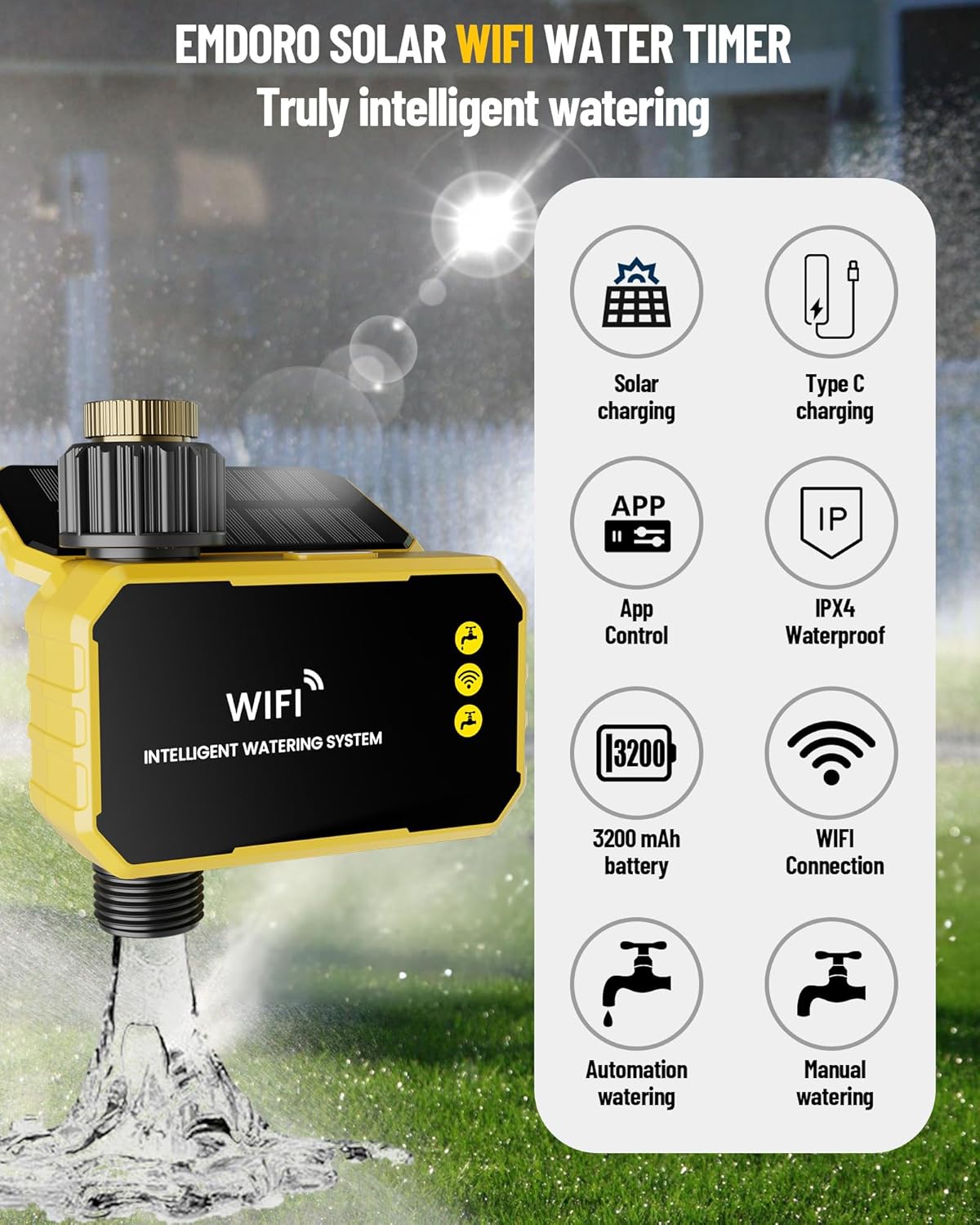 HIVAGI® Smart WiFi Water Timer – Solar + USB-C Powered, Brass Inlet, Alexa/Google Compatible.