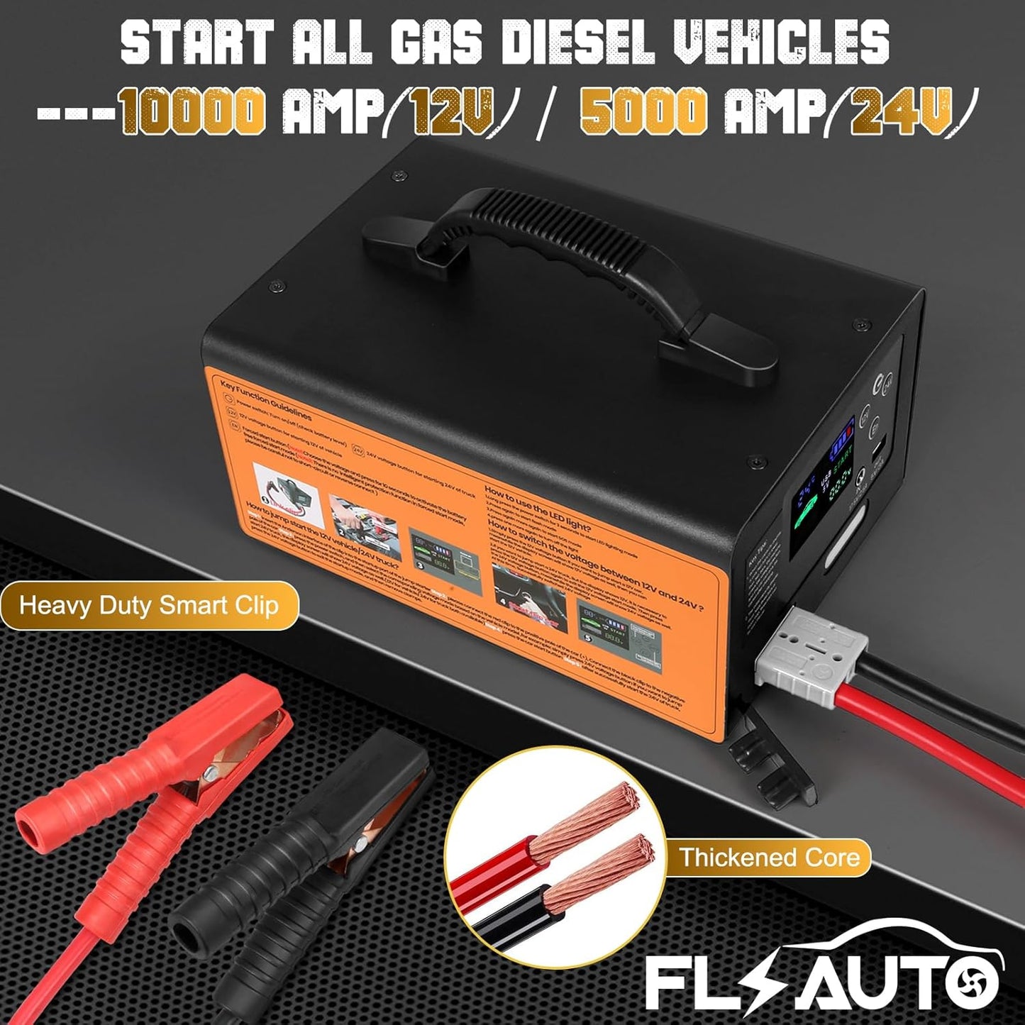 FlyAuto 10000A Heavy Duty Jump Starter – 24V/12V Lithium Battery Booster (60000mAh) for All Gas/Diesel Engines, Trucks, & Buses.