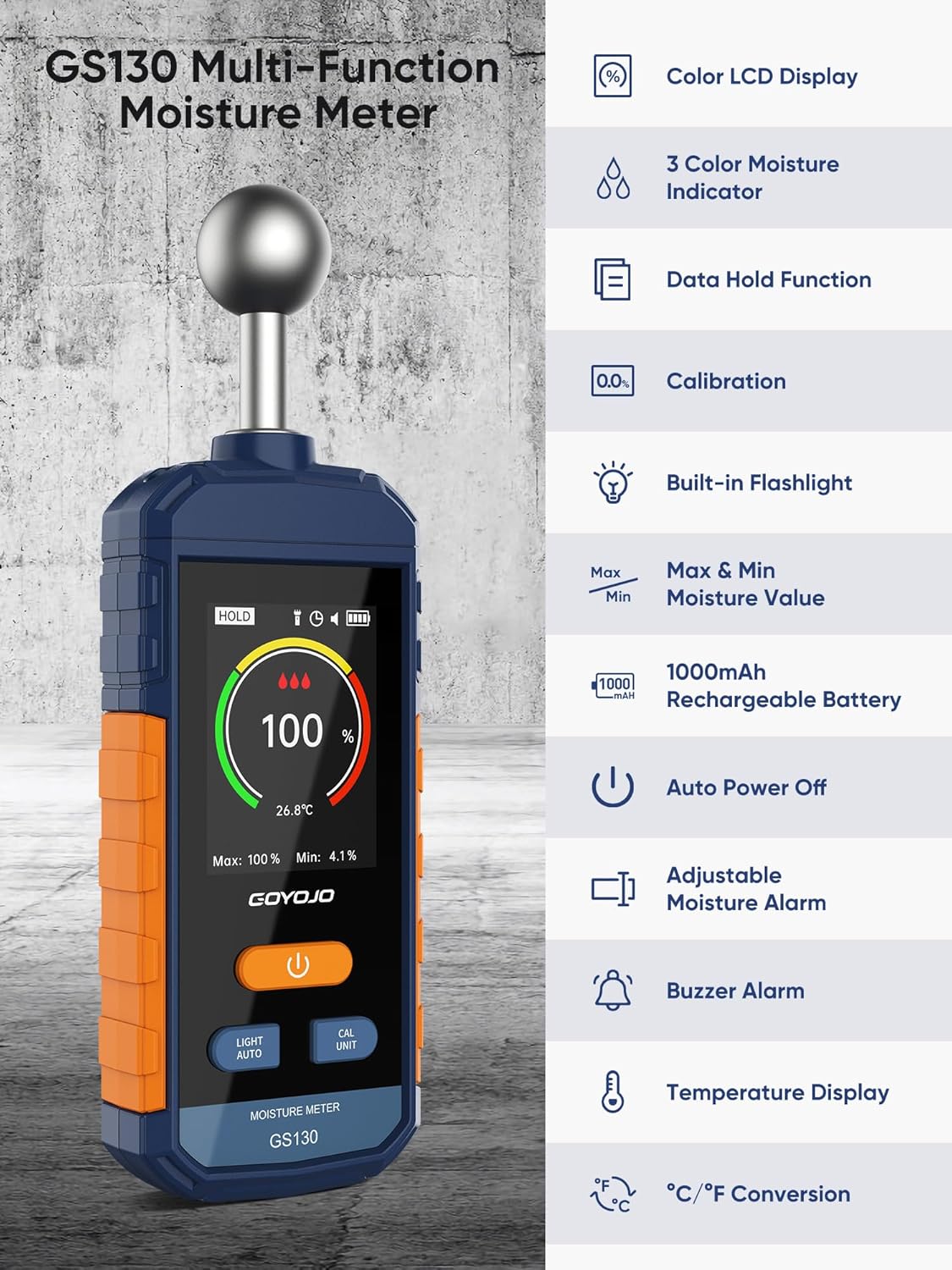 GOYOJO GS130 Pinless Moisture Meter for Wood, Drywall & Concrete | Non-Invasive Digital Water Leak Detector | USB-C Rechargeable Humidity Tester with Flashlight & LCD Display