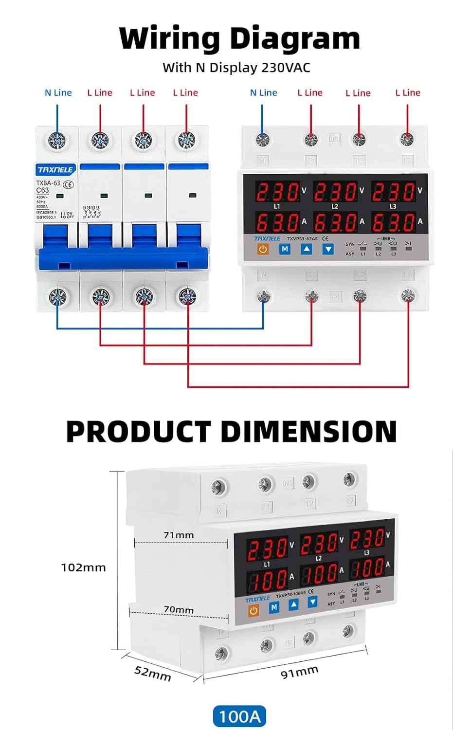 HIVAGI® 100A 3-Phase Voltage & Current Protector | SYNC/ASYNC Modes | Surge, Overload, Phase Loss Protection | Adjustable Over/Under Voltage & Overcurrent.
