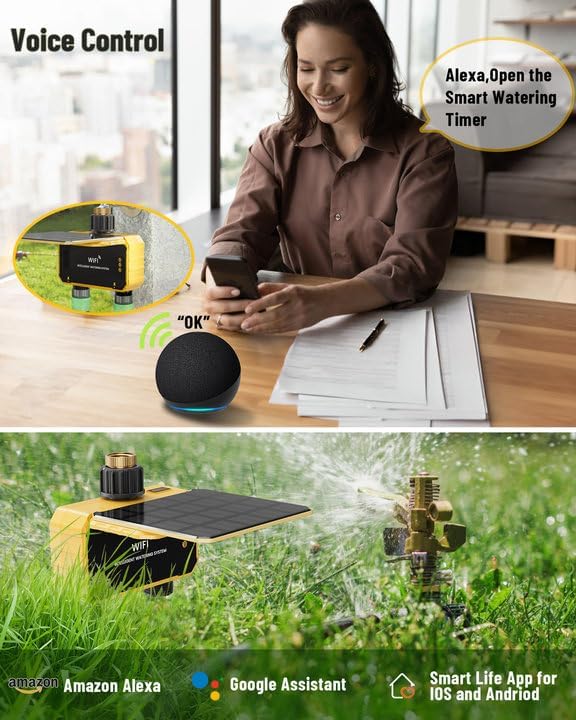 Solar Powered Smart WiFi Water Timer 2 Zone | HIVAGI® Irrigation Controller for Garden.