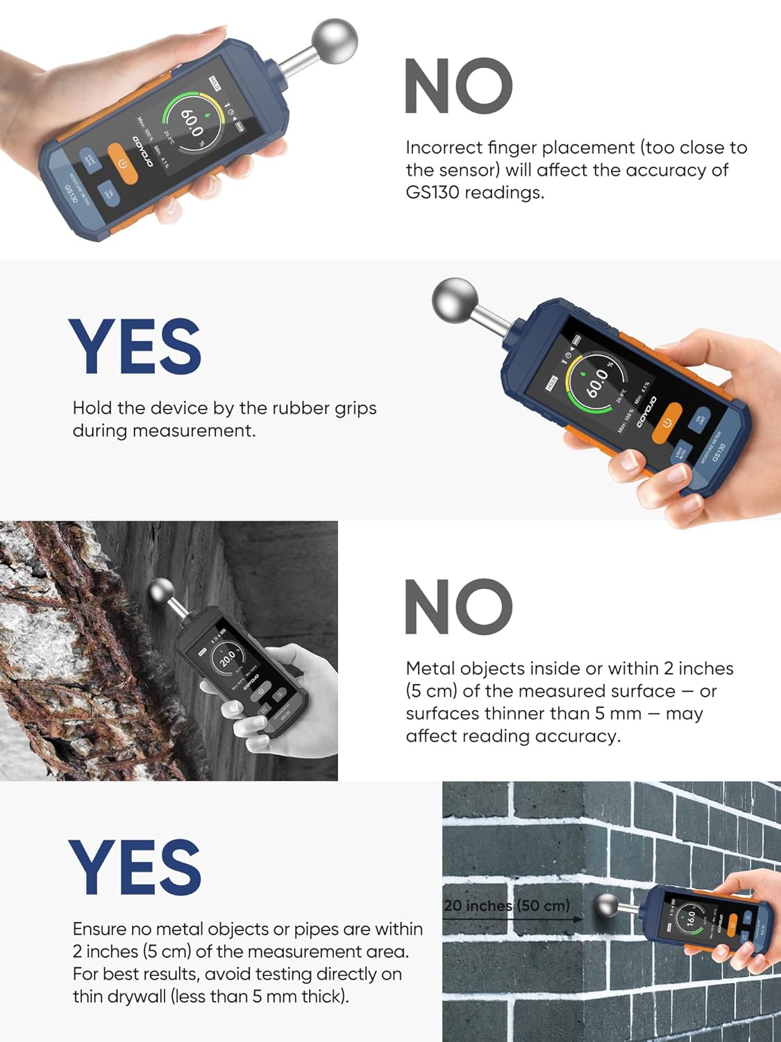 GOYOJO GS130 Pinless Moisture Meter for Wood, Drywall & Concrete | Non-Invasive Digital Water Leak Detector | USB-C Rechargeable Humidity Tester with Flashlight & LCD Display