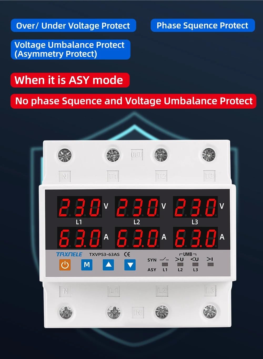 HIVAGI® 100A 3-Phase Voltage & Current Protector | SYNC/ASYNC Modes | Surge, Overload, Phase Loss Protection | Adjustable Over/Under Voltage & Overcurrent.