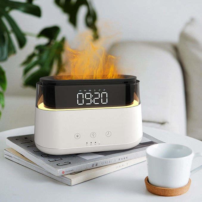 HIVAGI® Elegant Alarm Clock Aroma Oil Diffuser Innovative Simulation Flame Humidifier With Timer Function Flame Night Light for Home Office Yoga Gym. - HIVAGI®