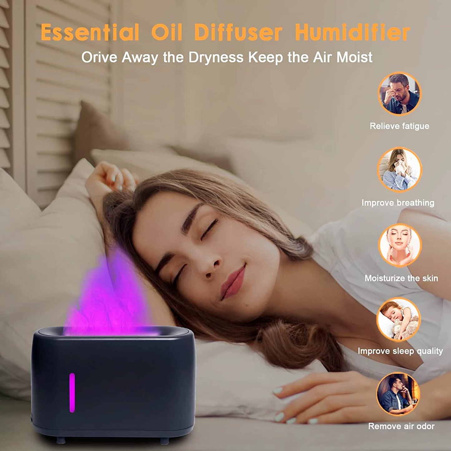 HIVAGI® Essential Oil Diffusers, 240ml Flame Air Diffuser Humidifier, with 7 Color Changing Modes for Bedroom Home, Office, Spa, Gym, etc. (Black) - HIVAGI®