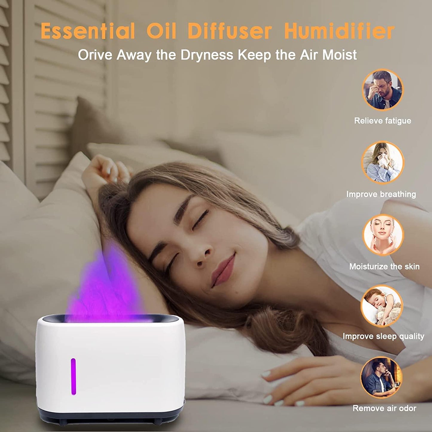 HIVAGI® Essential Oil Diffuser 7 Color 2 Mist Mode Flame Lights, Ultra-Silent Cool Mist Humidifier Aroma Diffuser for Home, Office, Yoga (White). - HIVAGI®